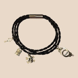 Black Braided Multi-Strand Charm Bracelet  Skull, Handcuffs, Key & Lock
