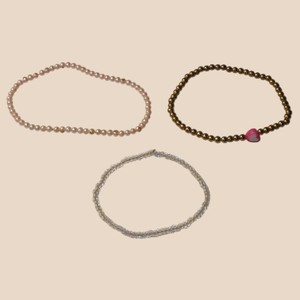Lot of 3 Beaded Bracelets  Clear, Gold-Tone Heart & Pearl-Look