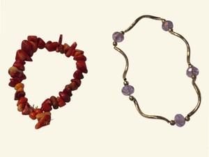 Lot of 2 Beaded Bracelets  Red Orange Chip Beads & Purple Faceted Beads