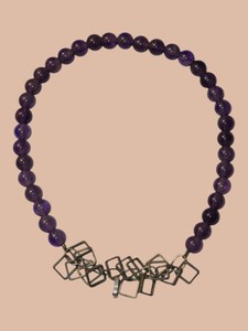 Purple Beaded Necklace with Gold-Tone Geometric Square Accent Links