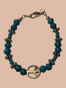 Turquoise Blue Beaded Peace Sign Bracelet with Gold-Tone Accents