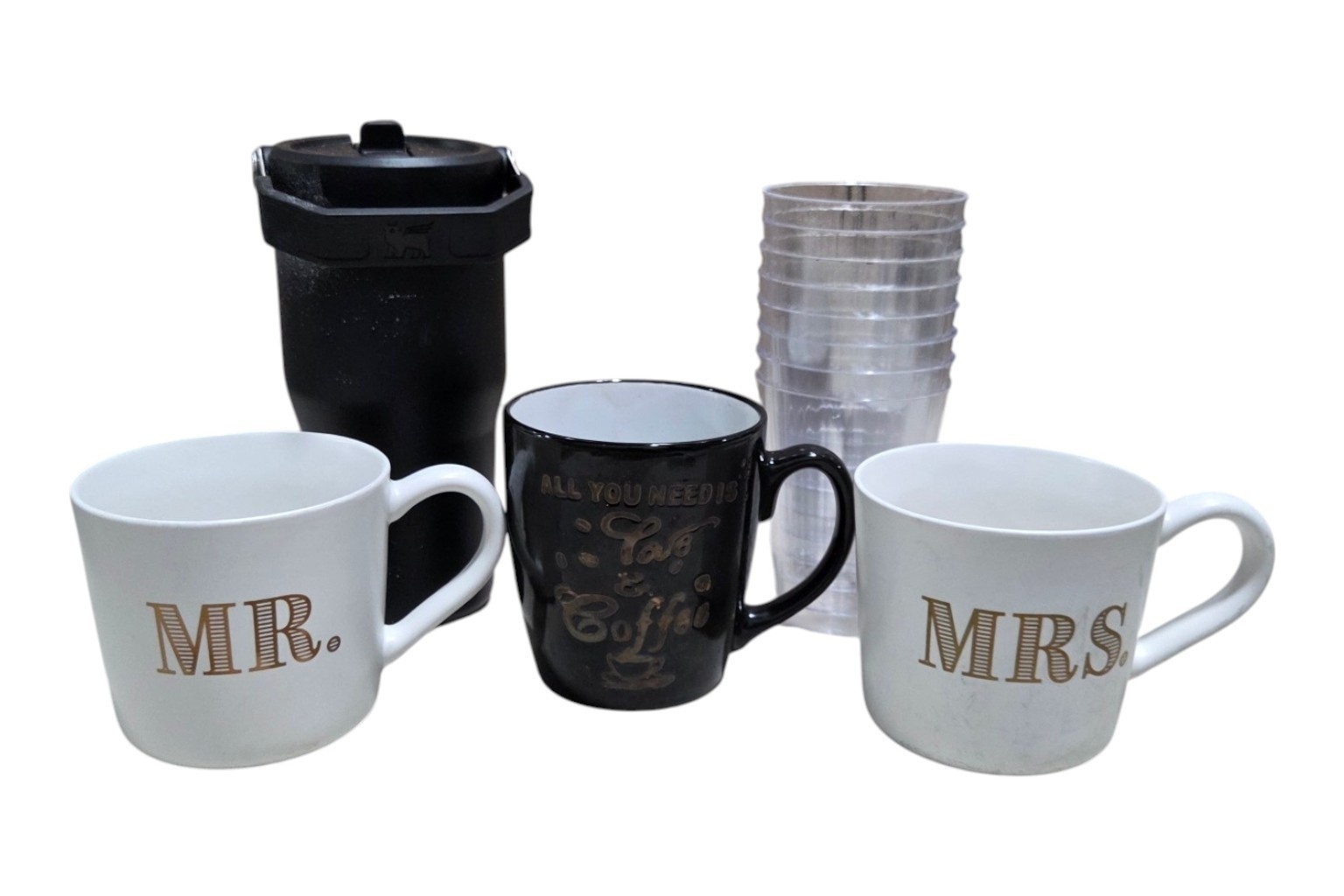 Stanley Travel Tumbler, Threshold Mr. & Mrs. Stoneware Mugs & Assorted Drinkware