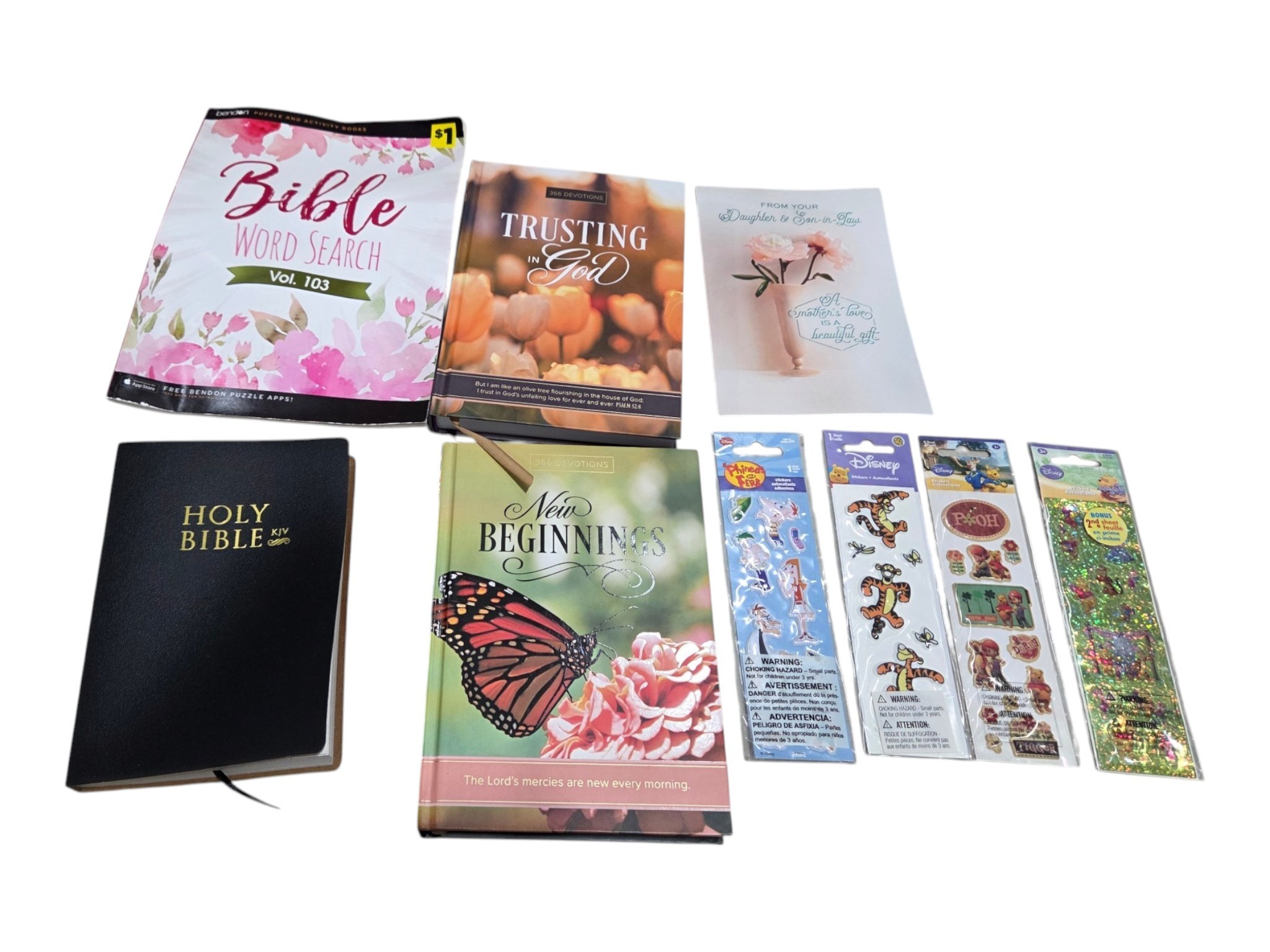 KJV Holy Bible, 366 Devotionals, Bible Word Search & Disney Stickers - 9-Piece Lot