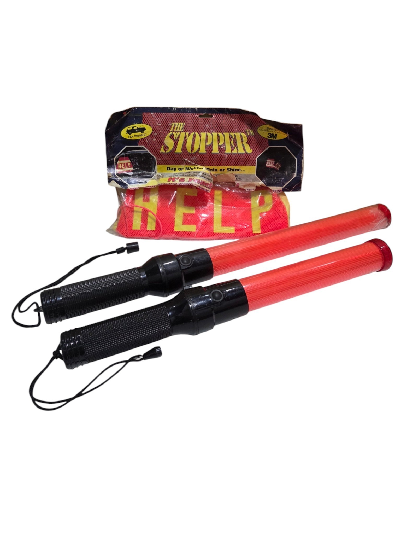 2 Lighted Red Traffic Safety Wands & 3M The Stopper HELP Emergency Flag