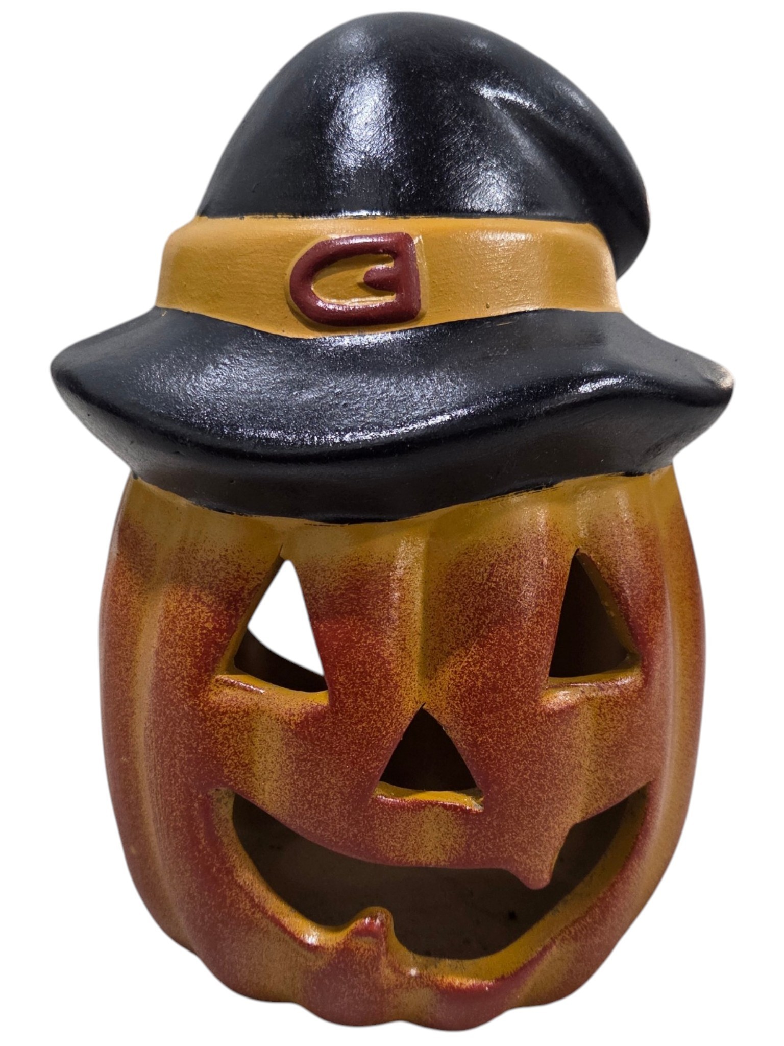 Heavy Cast Jack-O-Lantern Pumpkin With Witch Hat Halloween Decoration  Approx. 10 Tall