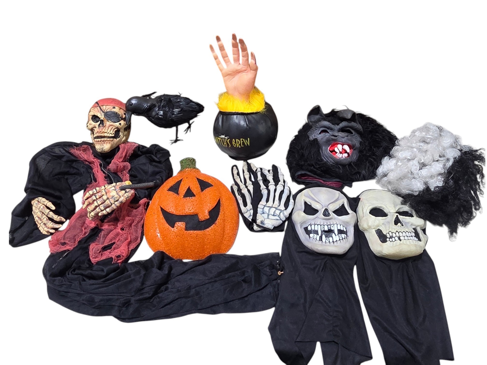 Lot of Halloween Decorations  Pirate Skeleton, Skull & Monster Masks, Witchs Brew Hand, Pumpkin & Raven