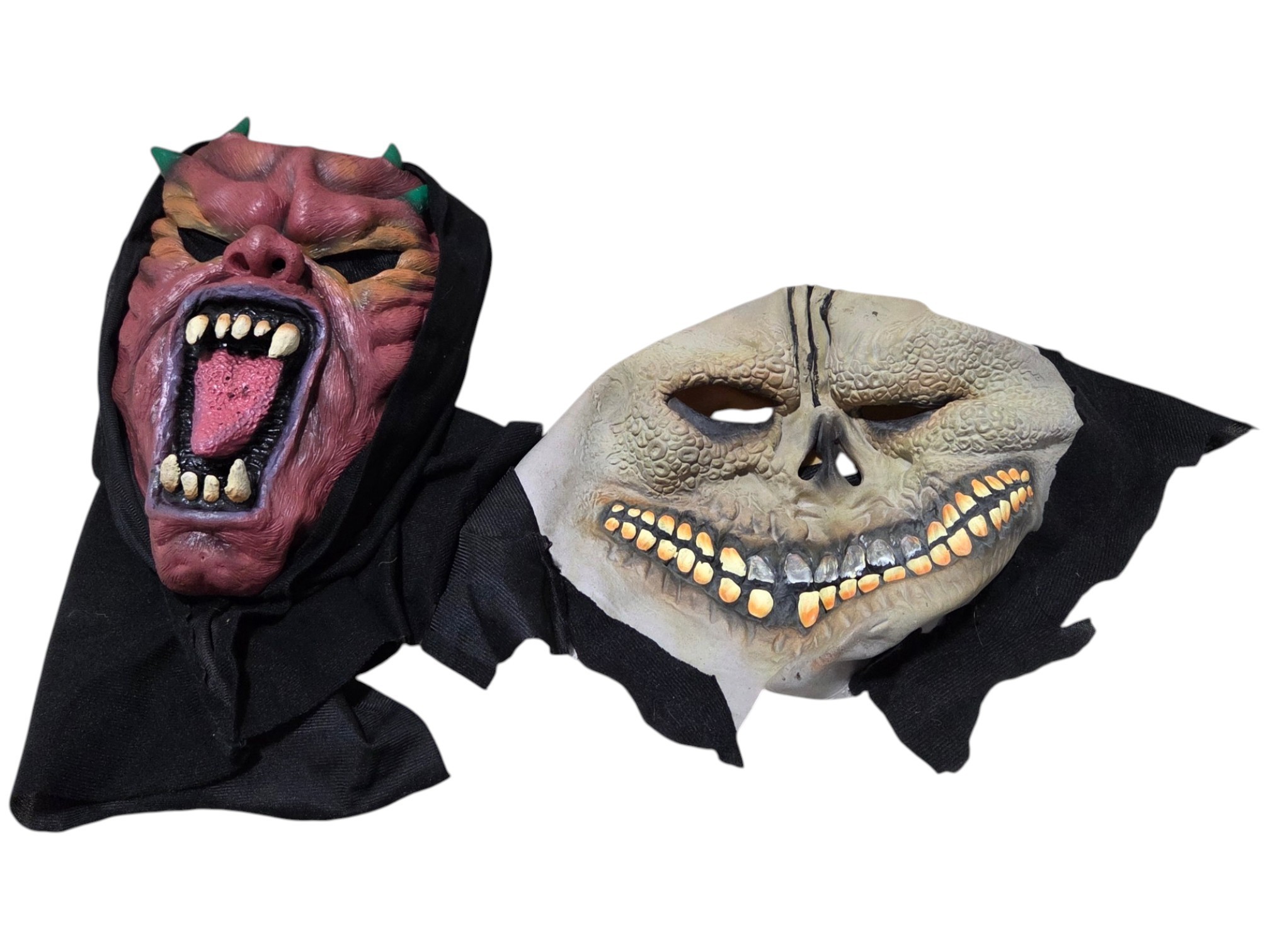 Lot of 2 Halloween Horror Masks  Demon & Creepy Skull Faces with Black Hoods
