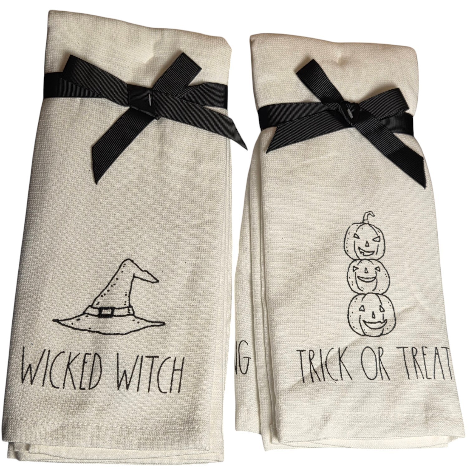 Lot of 4 Halloween Kitchen Towels  Wicked Witch, Trick or Treat, Witchs Brew & Happy Haunting