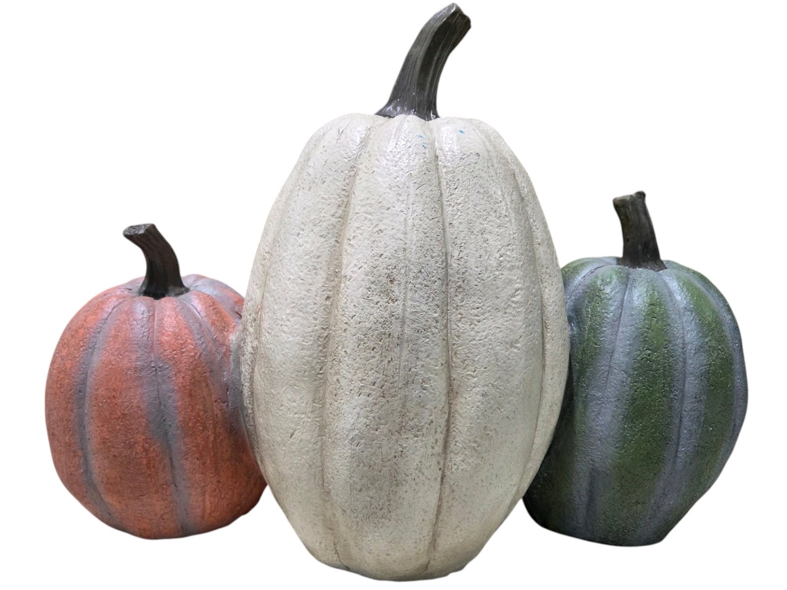 Lot of 3 Decorative Fall Pumpkins  Cream, Orange & Green  Assorted Sizes