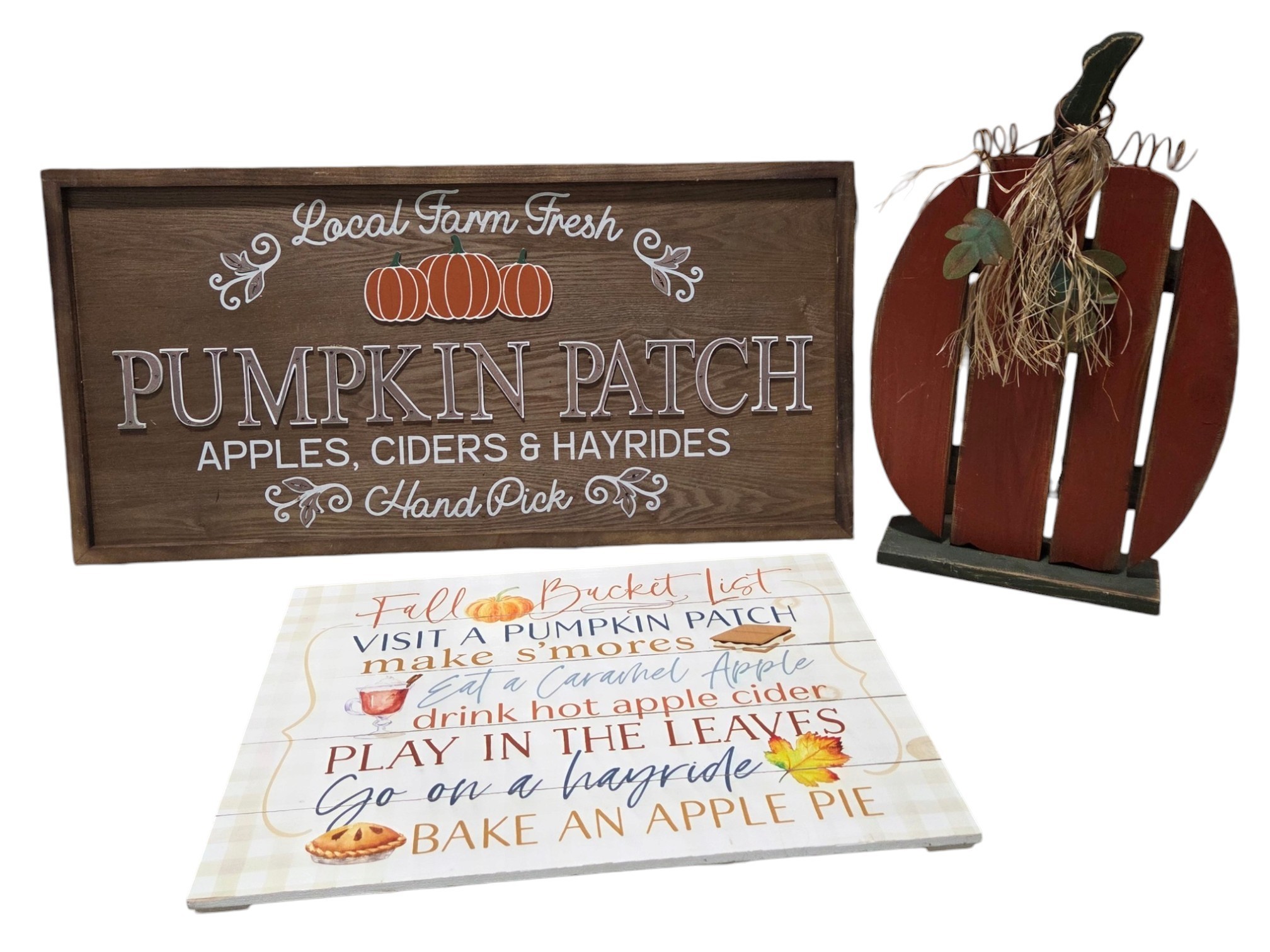 Lot of 3 Fall Harvest Wooden Decorations  Pumpkin Patch Signs & Rustic Standing Pumpkin