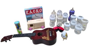 Mixed Lot  Hawaii Ukulele, Rack-O Game, AventNUK Baby Bottles, Trinket Egg & More