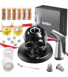 Lot of 2 OAGA Skull Cocktail Smoking Sets  Whiskey Smoker Kits with Torch, Glasses & Wood Chips