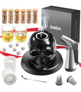Lot of 3 OAGA Skull Cocktail Smoking Sets w Glasses, Torch, Wood Chips & Accessories