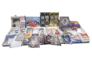 Large Mixed Lot of New Flags, Banners & Party Decorations  Patriotic, Sports, Wedding, Holiday & More