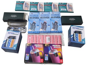 Mixed Lot  Pill Dispensers, Compression Gloves, Bunion Correctors, Reading Glasses, Tumbler Lights & Security Seals