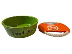 Vibrant Life Feed Me Green Ceramic Pet Bowl & Rope Ring Dog Toy