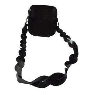 Black Faux Leather Crossbody Bag w Wavy Strap & Gold-Tone Hardware
