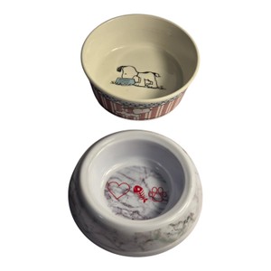 Lot of 2 Pet Bowls  Peanuts Snoopy Gibson Ceramic & Marble-Style Melamine Bowl