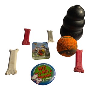 Mixed Dog Supplies Lot  KONG Rubber Toy, Nylabone Chews, WaggTagg ID Tag & Premier Snoopy Pin