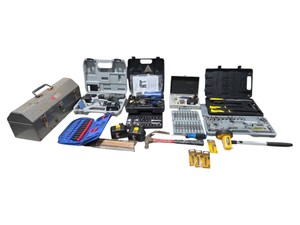 Large Mixed Tool Lot  Ryobi Drill, Stanley Pry Bars, Socket Sets, Rotary Tool, Heat Gun, DeWalt Bits & More