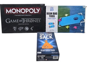 Lot of 3 Games  Monopoly Game of Thrones Collectors Edition, You Lying Sack & Bean Bag Toss