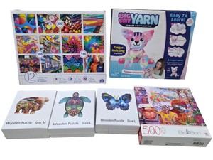Lot of 6 Puzzle & Craft Sets  Big Ben 500pc, Wooden Animal Puzzles, Big Fat Yarn & 12-Puzzle Set