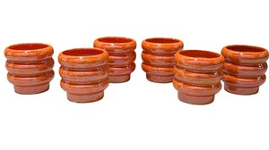 Lot of 6 Orange Iridescent Glazed Ceramic Flower Pots Planters  Ribbed Design