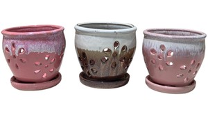 Lot of 3 Glazed Ceramic Orchid Flower Pots Planters with Saucers  Floral Cutout Design