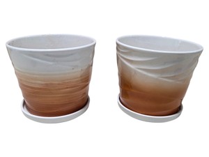 Lot of 2 Large Glazed Ceramic Flower Pots Planters  White & Terracotta Ombre with Saucers