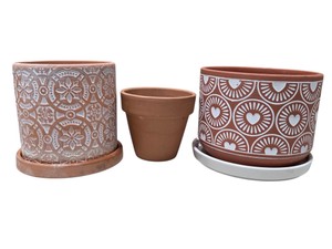  Lot of 3 Terracotta Clay Flower Pots Planters  Decorative White Floral Patterns with Saucers