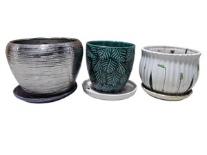  Lot of 3 Decorative Glazed Ceramic Flower Pots Planters with Saucers  Silver, Teal & White