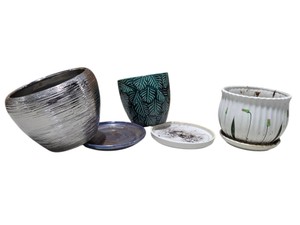  Lot of 3 Decorative Glazed Ceramic Flower Pots Planters with Saucers  Silver, Teal & White
