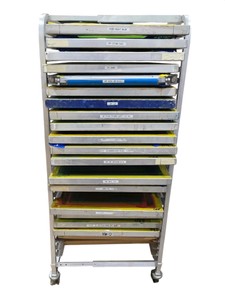 23 Screen Printing Frames  Rolling Storage Cart  19 Aluminum 22 x 31 Screens & 4 Wood 20 x 24 Frames  Commercial Print Shop Lot