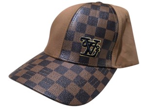 Brown Checkered Baseball Cap Hat with Embroidered Front Logo LV on the front - Adjustable Strap