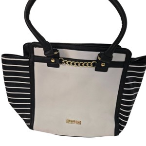 Kenneth Cole Reaction Black Cream Striped Tote Satchel Handbag Gold toned Chain