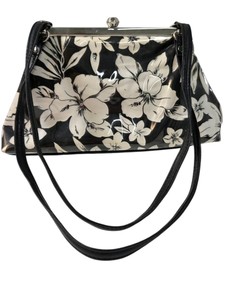 Black White Patent Floral Kiss Lock Frame Purse Handbag Dress Charm Vintage Style