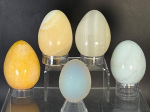 5-Piece Polished Crystal &amp Mineral Egg Collection Lot  Natural Honey, Yellow, &amp White Calcite, Genuine Afghanistan Jade, and Luminous Opalescent Opalite. (1 lb 14.1 oz  856 g)