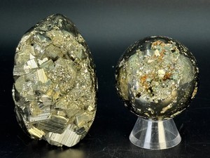 Huge Pyrite Freeform Preform &amp Sphere Set - Mirror Polished Peruvian Fools Gold Statement Crystals with Deep Cubic Cavity Druzy Lot. (1 lb 11.3 oz  776 g)
