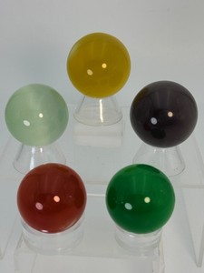 Lot of 5 Colorful Vintage Fiber-Optic Synthetic Cats Eye Glass SpheresMarbles on Acrylic Display Stands for Decor &amp Jewelry. (14.2 oz  405 g)