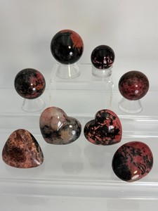 8pc Natural Pink Rhodonite Crystal Collection Lot - High Quality Polished Spheres, Hearts, and Palm Stones. (1 lb 11.8 oz  817 g)