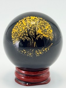 Black Obsidian 47mm Crystal Sphere Engraved Gold Tree of Life 48 mm. (5.5 oz  156 g)