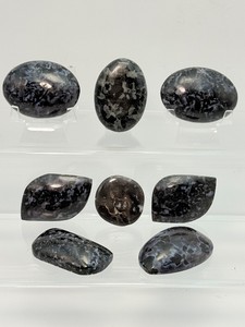 8-Piece Polished Indigo Gabbro Mystic Merlinite Mineral Set Smooth Carved Palm Stones &amp Healing Cabochons. (1 lb 6.1 oz  629 g)
