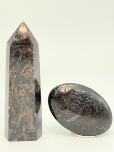 Astrophyllite Crystal Set 1 Polished Obelisk Tower &amp 1 Smooth Pocket Palm Stone Mineral Specimen for Display. (6.5 oz  186 g)