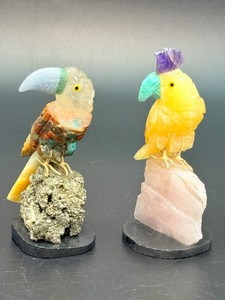 Exquisite Pair of Brazilian Hand-Carved Gemstone Bird Sculptures on Raw Pyrite &amp Rose Quartz Bases. (5.5 oz  157 g)
