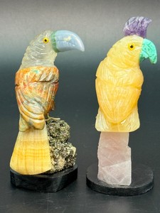 Exquisite Pair of Brazilian Hand-Carved Gemstone Bird Sculptures on Raw Pyrite &amp Rose Quartz Bases. (5.5 oz  157 g)