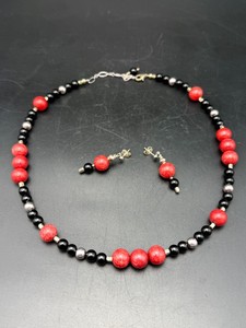 Exquisite Artisan Red Sponge Coral &amp Glossy Black Onyx Statement Necklace &amp Drop Earrings Set  Luxe Handcrafted .925 Sterling Silver Gemstone Jewelry Estate Find