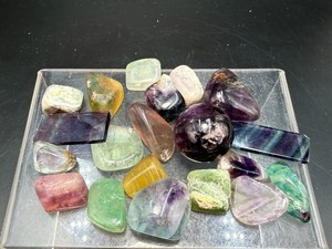 Lot of Mixed Rainbow Fluorite Polished Tumbled Stones &amp Crystal Sphere. (10 .4 oz  295 g)