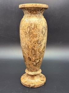Vintage 8 Hand-Carved Fossil Stone Bud Vase  Polished Natural Marble Urn with Beautiful Ancient Coral Marine Formations &amp Cream Accents. (2 lbs 8.8 oz  1 kg 158 g)