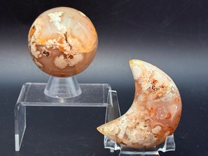 Stunning Flower Agate Sphere &amp Crescent Moon Carving Set (Sakura  Cherry Blossom Agate) (14.1 oz  401 g)