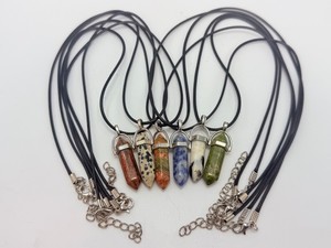 6pc Natural Crystal Point Necklace Lot Sodalite Dalmatian Unakite Zebra Leopard Jasper Green Epidote Hexagonal Bullet Pendant Jewelry